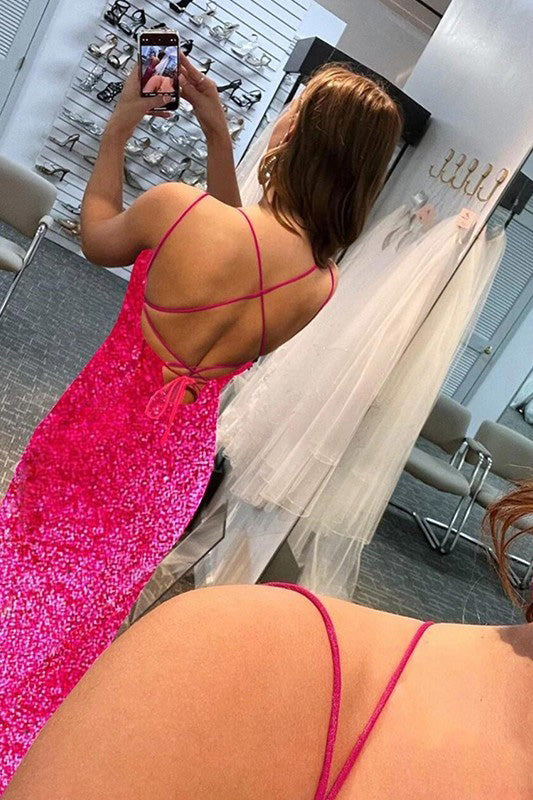 Sheath Hot Pink Sequins Spaghetti Straps Long Prom Dresses With Slit, Evening Gown OM0341