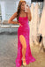 Sheath Hot Pink Sequins Spaghetti Straps Long Prom Dresses With Slit, Evening Gown OM0341