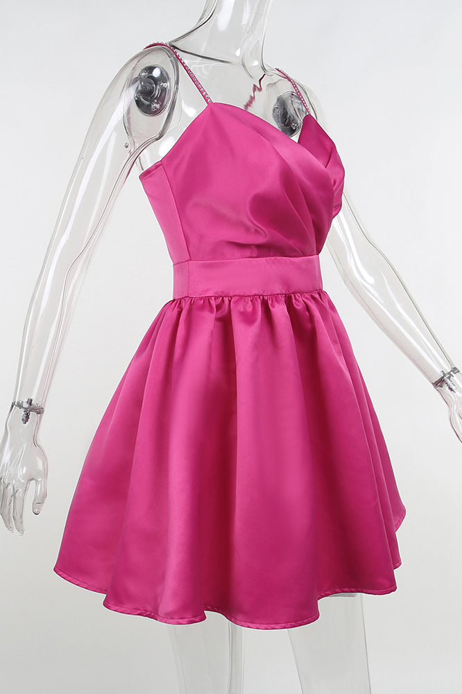 Simple A line Hot Pink V Neck Spaghetti Straps Satin Homecoming Dresses with Ruffles OMH0114
