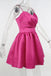 Simple A line Hot Pink V Neck Spaghetti Straps Satin Homecoming Dresses with Ruffles OMH0114