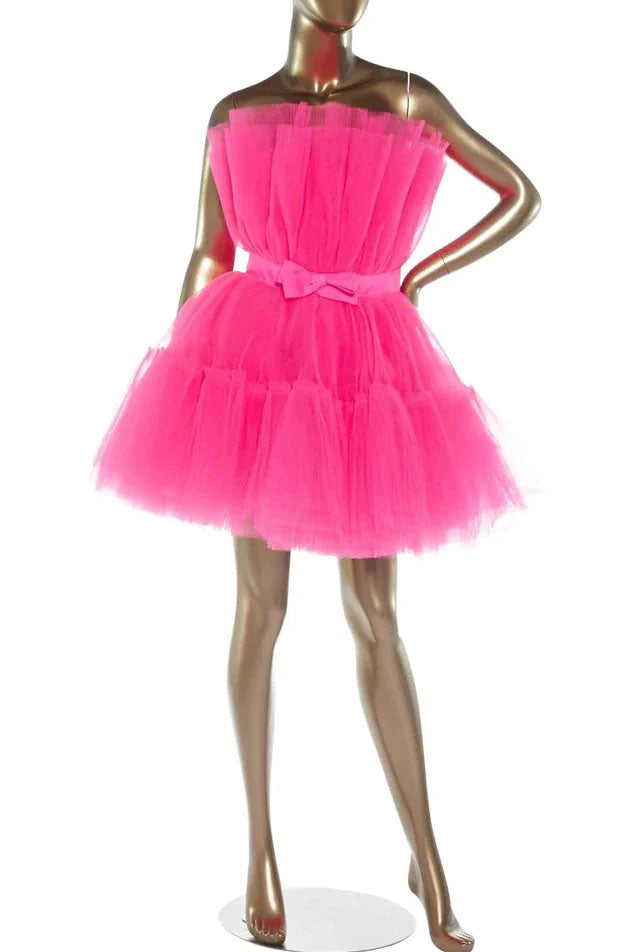 Light Pink Tulle Strapless Short Homecoming Dress with Sash, Graduation Dresses OMH0196