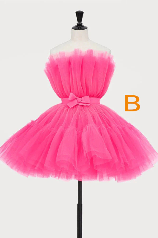 Light Pink Tulle Strapless Short Homecoming Dress with Sash, Graduation Dresses OMH0196