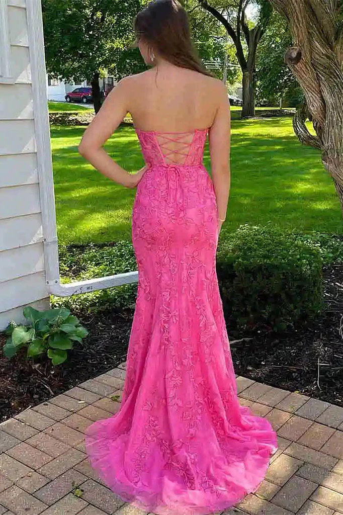 Mermaid Hot Pink Lace Appliques Strapless Long Prom Dresses, Formal Party Dress OM0288