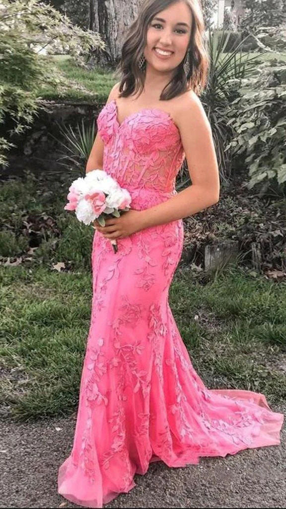 Mermaid Hot Pink Lace Appliques Strapless Long Prom Dresses, Formal Party Dress OM0288