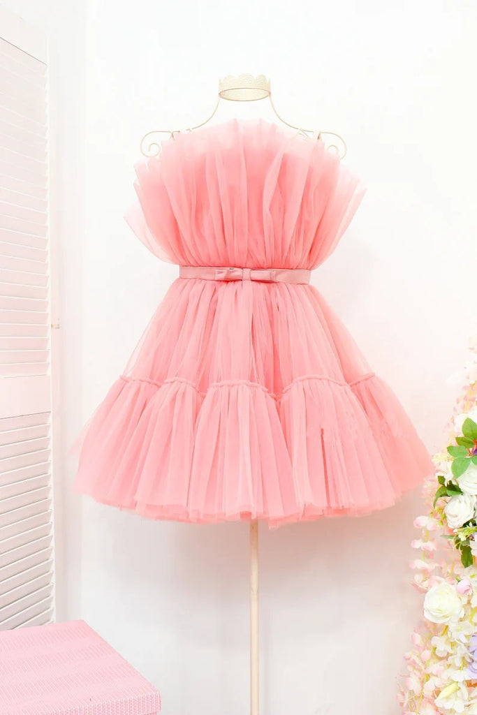 Hot Pink A line Strapless Tulle Short Homecoming Dresses with Bowknot, Mini Dress OMH0209