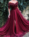 Burgundy Off the Shoulder Maroon A Line Long Tulle Pom Dresses 2022 PDG91