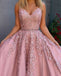 Chic A Line Pink Spaghetti Straps Two Pieces V Neck Prom Dresses with Appliques, Evening Dresses SK22