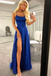 Royal Blue Spaghetti Strap A Line Prom Dress Sexy Long Split Party Dresses OM0006