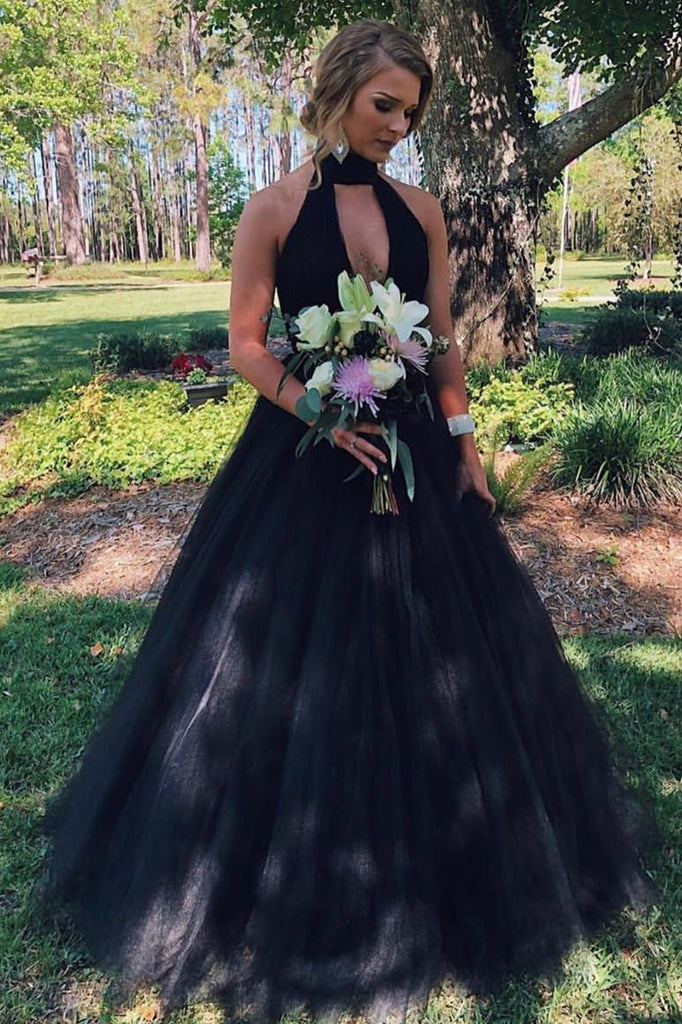 Simple A Line Red Halter Ruched Long Prom Dresses V Neck Tulle Evening Dresses SK49