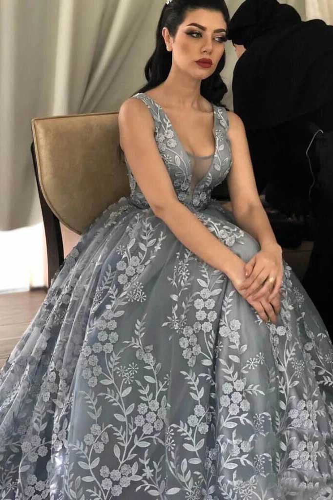 A Line 3D Floral V neck Tulle Straps Light Blue Prom Dresses with Lace Up OM0046