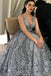 A Line 3D Floral V neck Tulle Straps Light Blue Prom Dresses with Lace Up OM0046