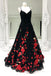 A-Line Spaghetti Straps Black Sweep Train A Line Prom Dress with Flowers PDI74