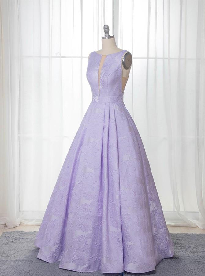 A-Line Floor-Length Lilac Printed Prom Dress, Simple Long Evening Dresses PDJ12