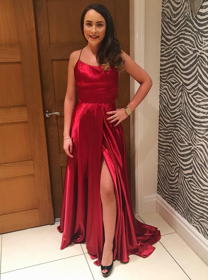 Burgundy Spaghetti Strap Prom Dress with Slit, Sexy Long Party Dresses PDJ86