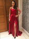 Burgundy Spaghetti Strap Prom Dress with Slit, Sexy Long Party Dresses PDJ86