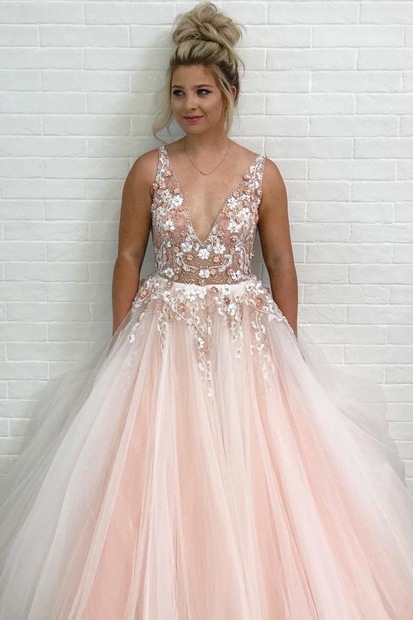 Charming A-Line V-Neck Floor-Length Pink Tulle Prom Dress with Appliques Beading PDI68