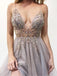 A-Line Spaghetti Straps Deep V Neck Prom Dress with Beading Split PDI69