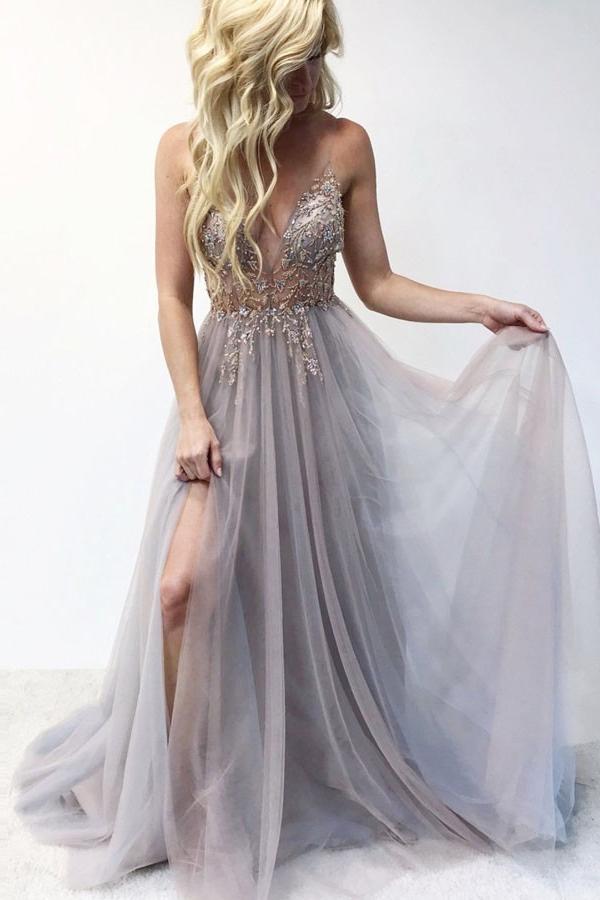 A-Line Spaghetti Straps Deep V Neck Prom Dress with Beading Split PDI69