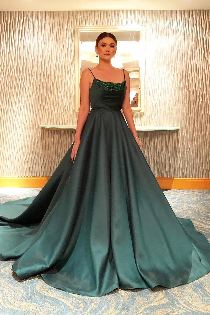 A-line Spaghetti Straps Dark Green Long Prom Dresses Evening Dress PDS21