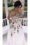 Charming V Neck Floral Embroidery Long Lace Prom Dress with Pocket PDJ1