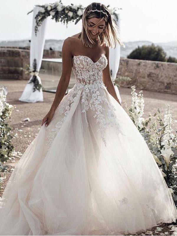 A Line Sweetheart Long Cheap Tulle Wedding Dresses with Lace Appliques PPD81