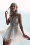 Puffy A line Ivory Lace Appliques Tulle Mini Graduation Dresses, Homecoming Dresses OMH0015