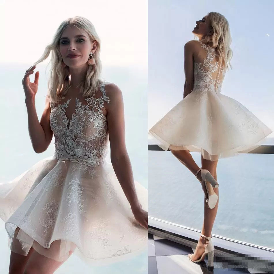 Puffy A line Ivory Lace Appliques Tulle Mini Graduation Dresses, Homecoming Dresses OMH0015