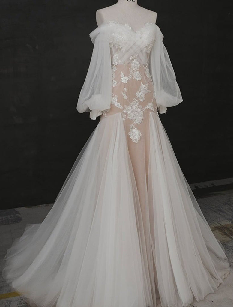 Elegant Mermaid White Long Sleeves Off the Shoulder Prom Dresses, Wedding Dresses OM0249