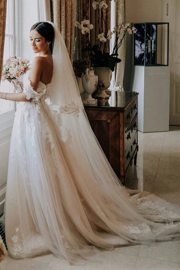 Gorgeous A Line Off the Shoulder Ivory Sweetheart Tulle Wedding Dresses With Lace OW0139