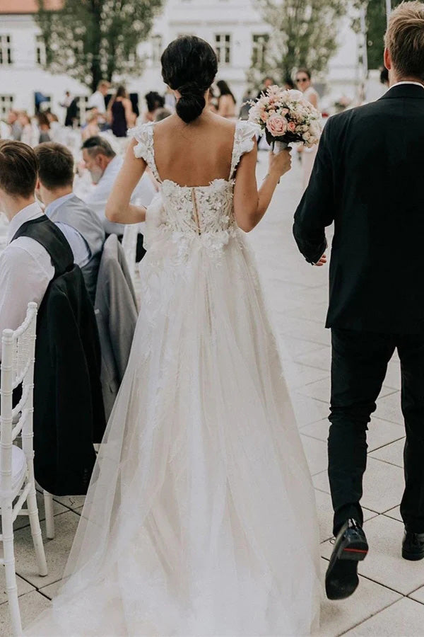 Gorgeous A Line Off the Shoulder Ivory Sweetheart Tulle Wedding Dresses With Lace OW0139