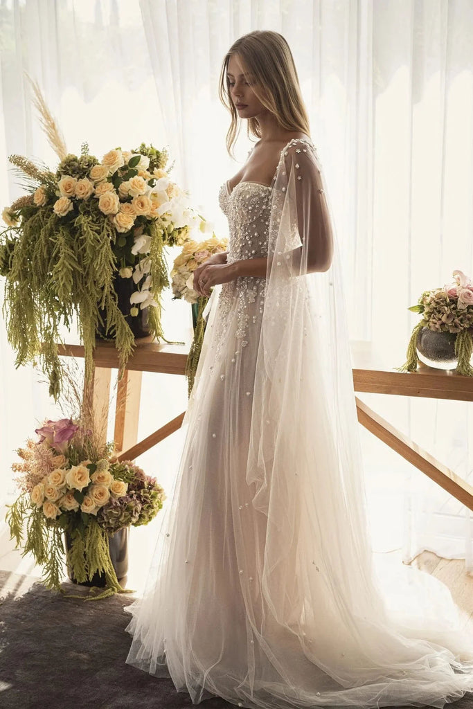 Charming A line Ivory Tulle Sweetheart Wedding Dress with Lace, Beads Bridal Dress OW0085