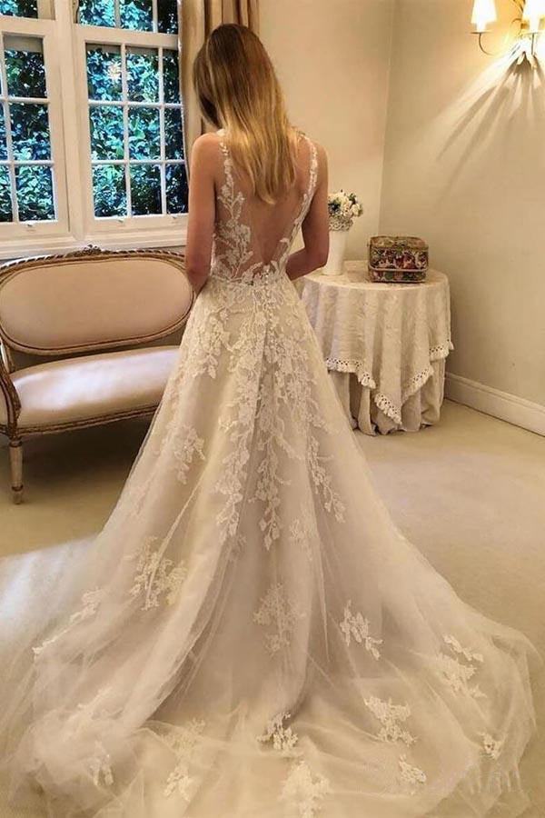 Elegant A line V neck Tulle Straps Wedding Dresses with Appliques, Long Bridal Dresses OW0032