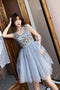 V Neck A Line Beaded Homecoming Dresses, Short Tulle Prom Dress PDN59