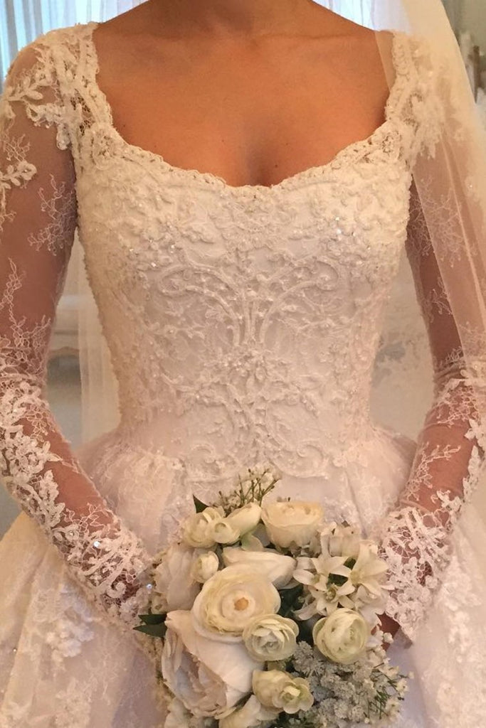 Long Sleeves Scoop Off White Lace A Line Elegant Wedding Dresses PDG93
