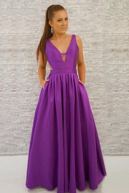 Simple A-Line Deep V-Neck Backless Long Purple Satin Prom Dress with Pockets PDJ34