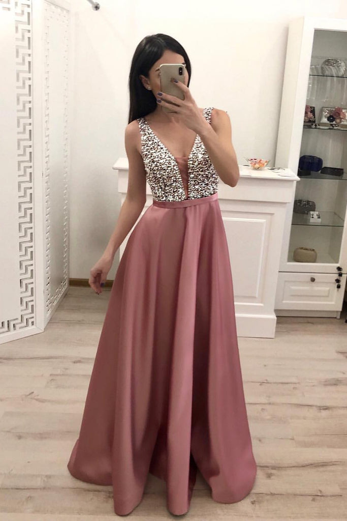 A Line Beading Satin Prom Dresses, V Neck Sleeveless Cheap Prom Dress PDI16