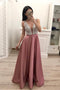 A Line Beading Satin Prom Dresses, V Neck Sleeveless Cheap Prom Dress PDI16