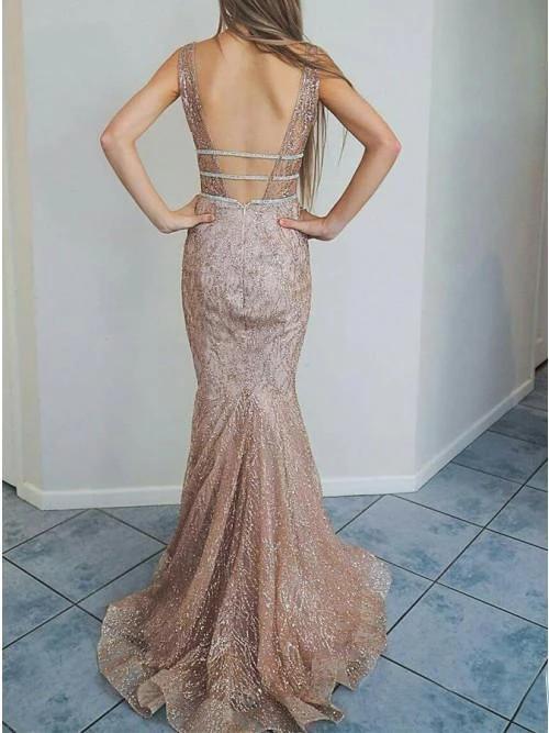 Mermaid V-Neck Backless Glitter Formal Evening Prom Dresses PDN5