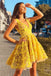 Unique A Line Lace Yellow V Neck Straps Short Prom Dresses, Homecoming Dresses HD50