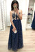A Line Dark Blue Long Prom Dresses, Sequins Sleeveless Evening Dress PDJ19