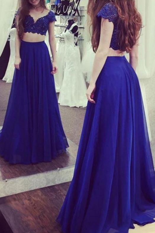 Charming Royal Blue Two Pieces Short Sleeves Lace Top Long Prom Dress PDE63