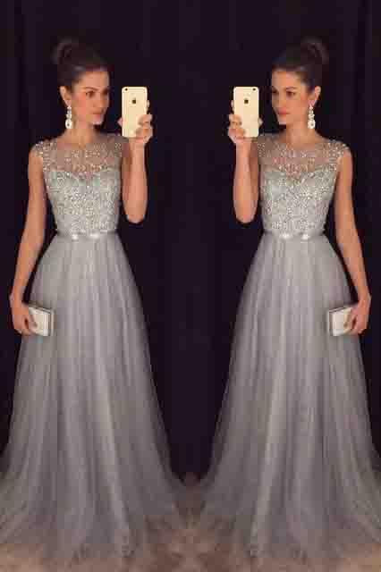 Elegant Gray Tulle Long A Line Prom Dress,Formal Party Dresses PDE94