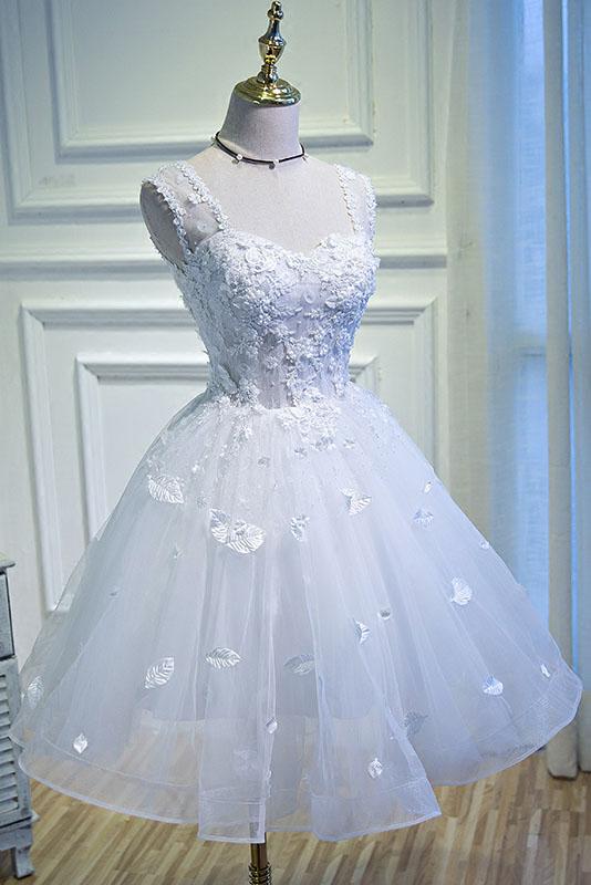 A Line Lace Appliques Homecoming Dresses, Short Sleeveless Prom Dress PDN67