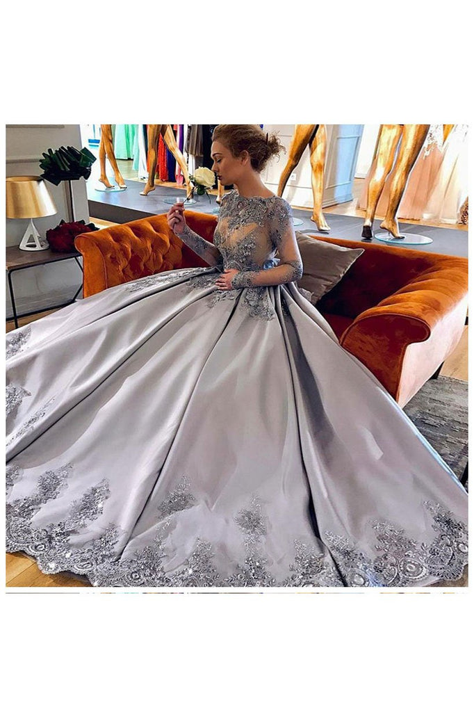 Elegant A-Line Bateau Long Sleeves Grey Satin Prom Dress with Appliques PDF55