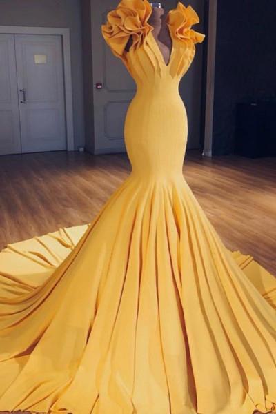 Charming Mermaid V-Neck Sleeveless Yellow Long Prom Dress with Ruffles PDH3