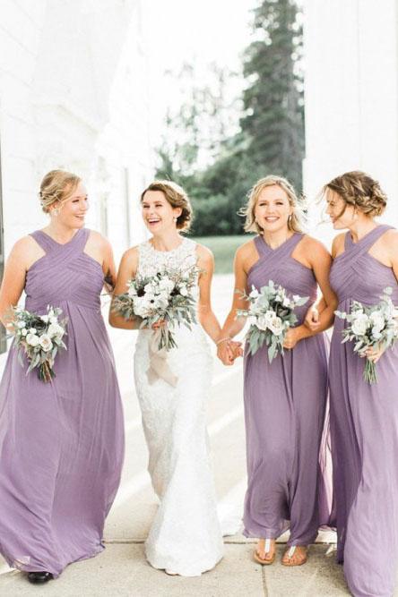 A-Line Floor-Length Lilac Chiffon Pleated Cheap Bridesmaid Dress PDS44