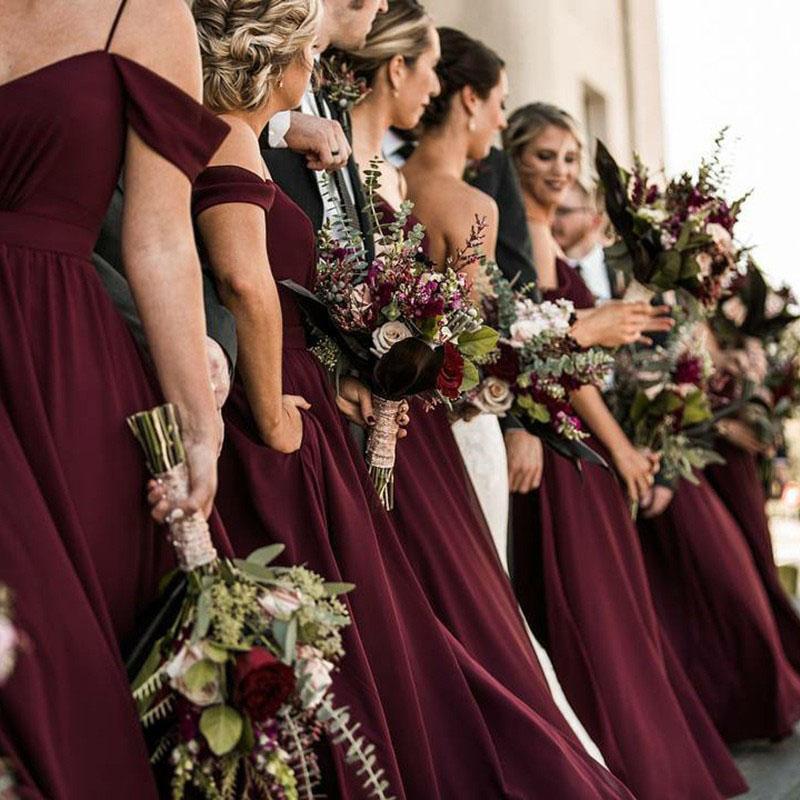 Spaghetti Straps Cheap Chiffon Off Shoulder Burgundy Bridesmaid Dresses PDG61