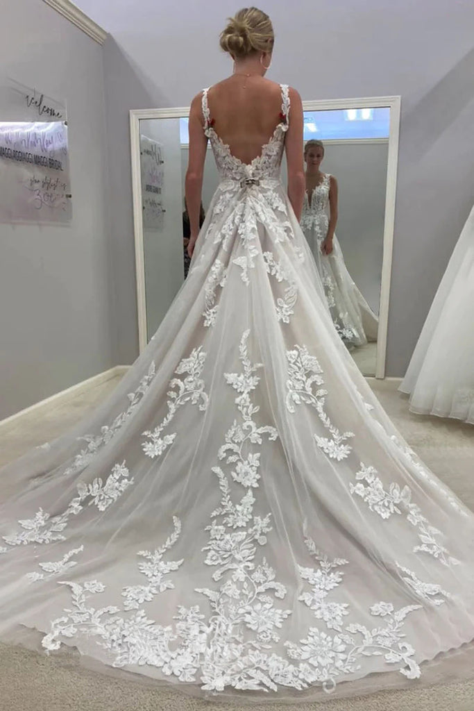 Plunging A Line V Neck Straps Lace Appliqeus Tulle Wedding Dresses, Backless Bridal Dress OW0101