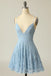 A Line Lace Blue Spaghetti Straps V neck Homecoming Dress, Cocktail Dresses OMH0138