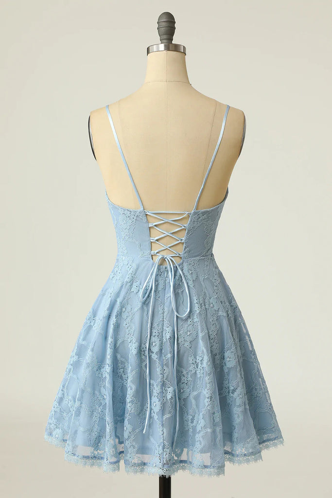 A Line Lace Blue Spaghetti Straps V neck Homecoming Dress, Cocktail Dresses OMH0138